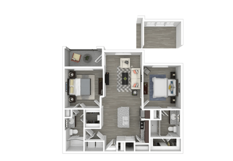 A floor plan of a house with a kitchen, living room, and two bedrooms.